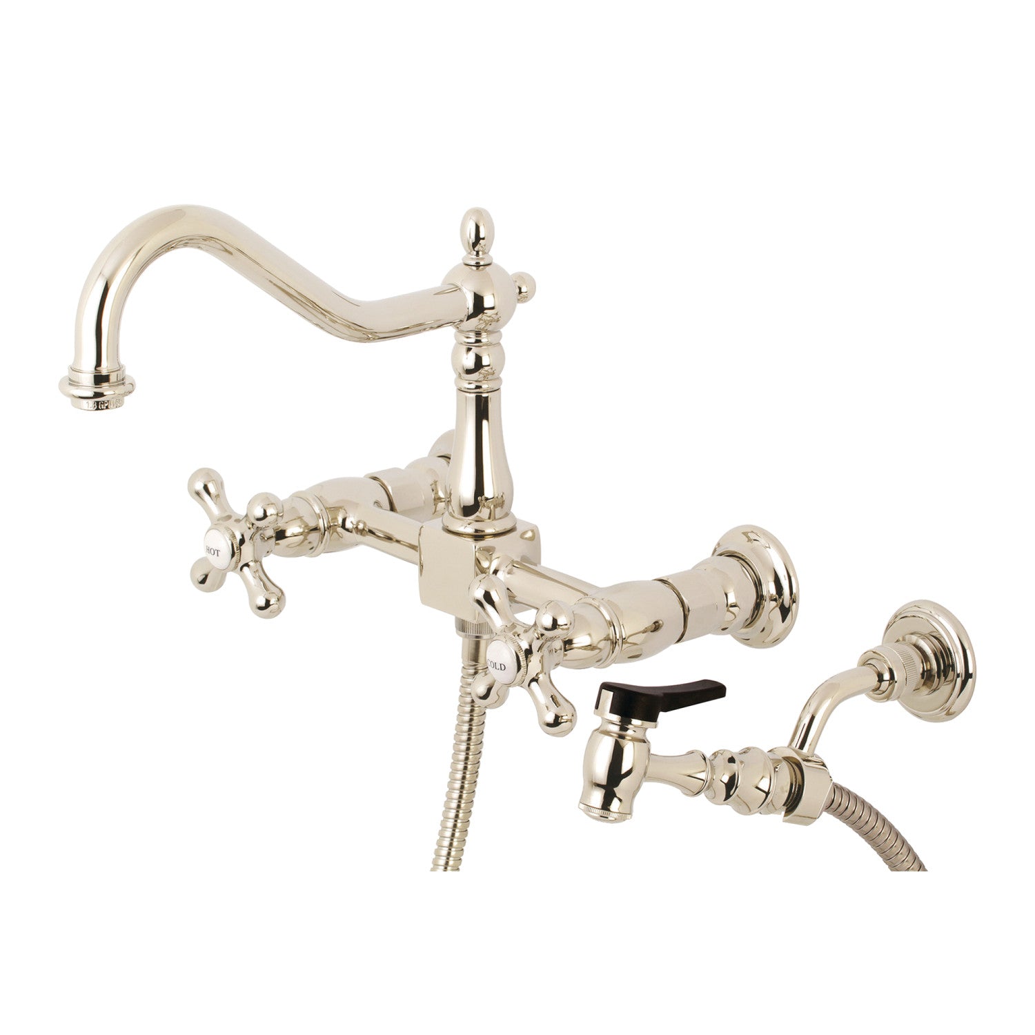 Kingston Heirloom KS1246AXBS - Heritage Two-Handle 3-Hole Wall Mount Bridge Kitchen Faucet with Brass Sprayer, Polished Nickel — image 1